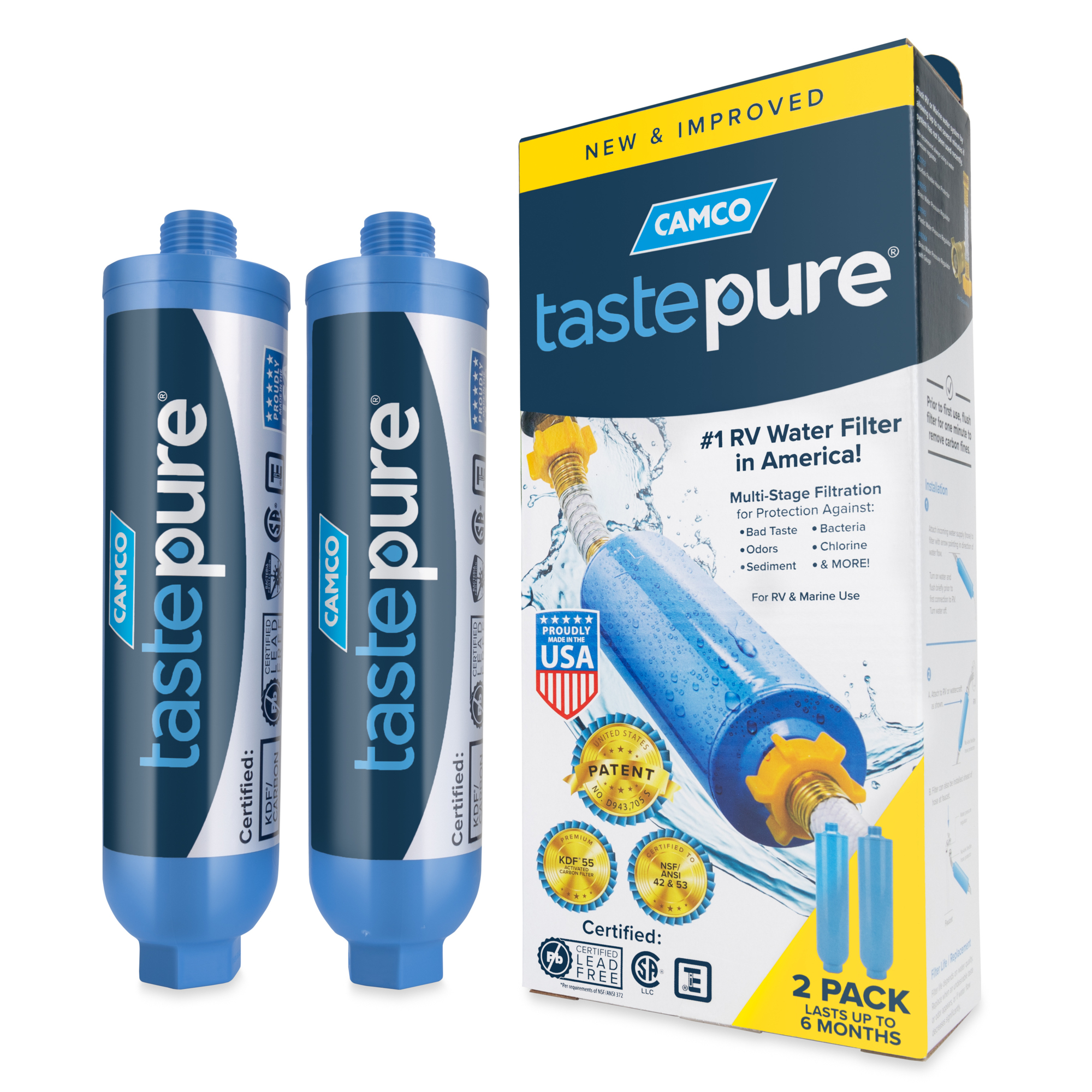 Camco Tastepure RV/Marine Inline Water Filter, NSF Certified, Reduces Bad Taste, Odor, Sediment, etc., Ideal for Campers, Boats, Gardens, & Pets, Made in the USA, 2-Pack